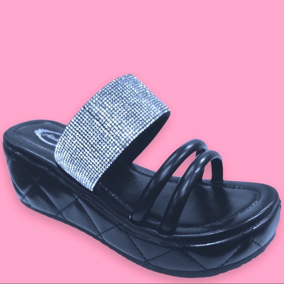 Italina Shoes - Italina Black Strappy Triple Band Rhinestone Platform Slip-On Quilt Wedge Sandal